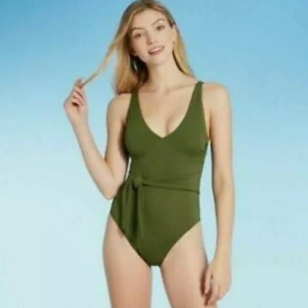 Medium Women's Plunge Tie-Front Wrap Green One Piece Swimsuit Shade & Shore NWT